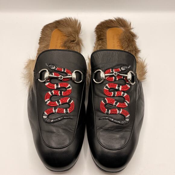 GUCCI Princetown Snake Fur Lined Mules Slides Black Leather Horsebit Sz 11 $995 - Picture 6 of 12